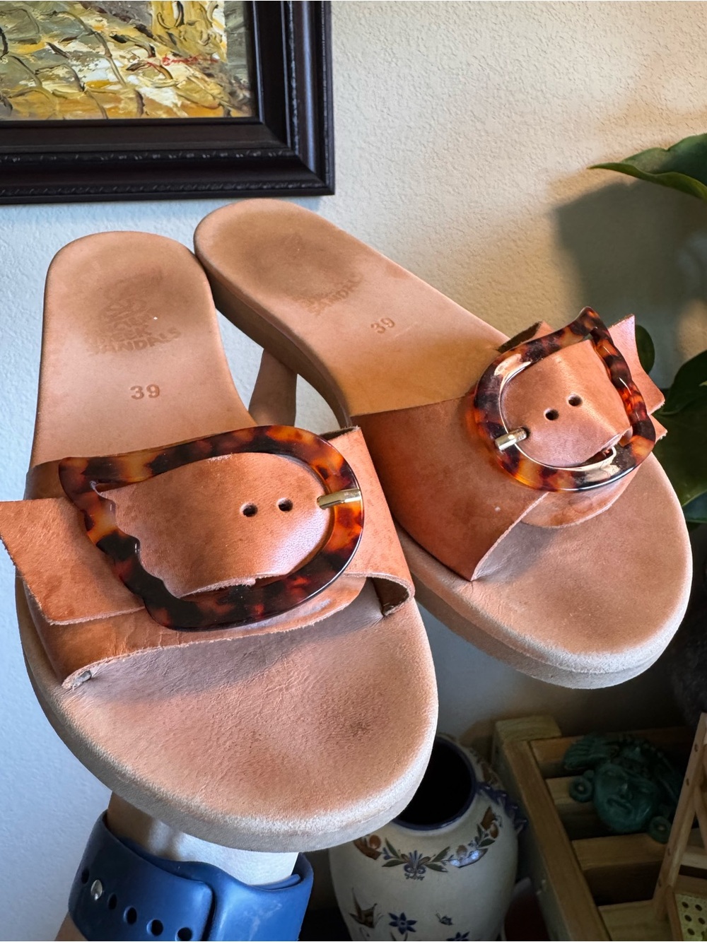 Ancient Greek Sandals Aglaia Brown Leather Buckle Slides Sandals 39